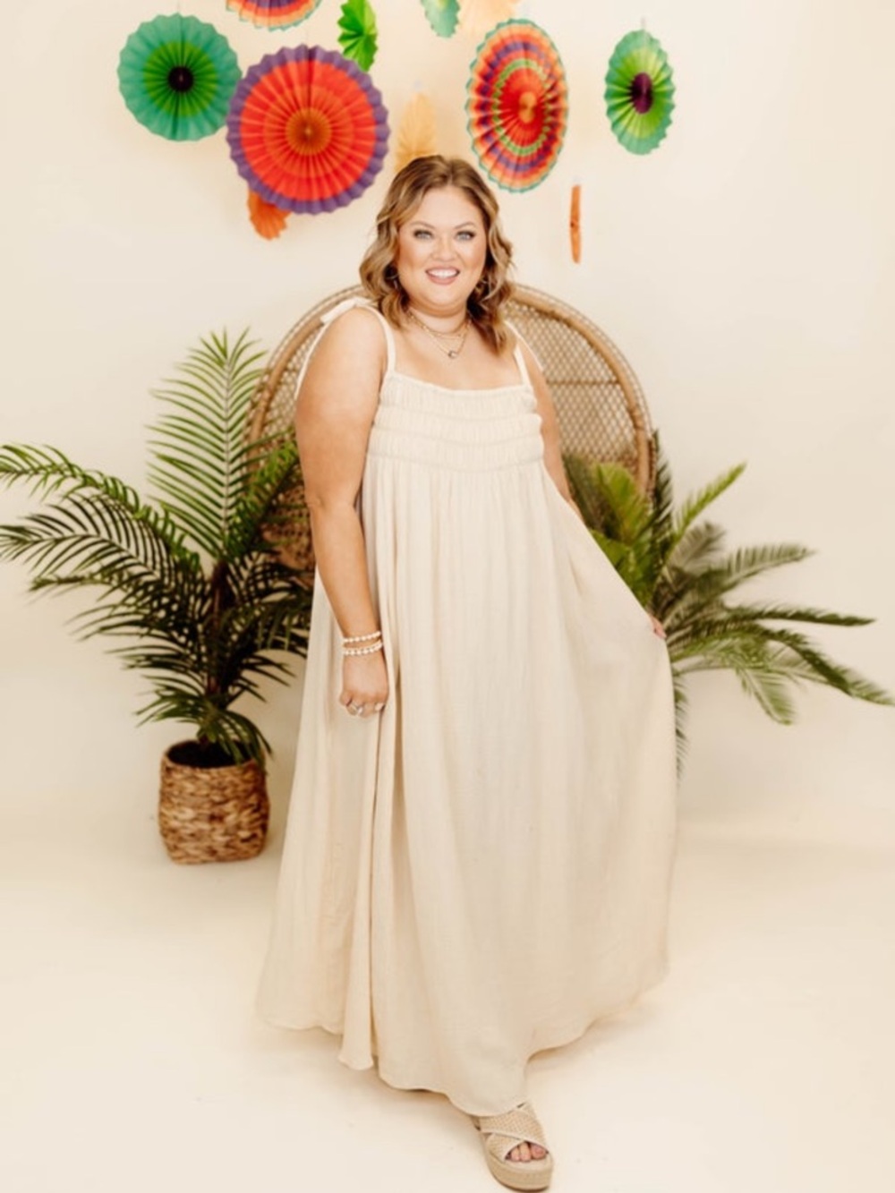 A-Ren Cream Maxi Sundress with Smocked Bodice - Women